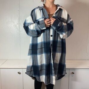 Longline Blue + White Flannel Duster Button Down Coat
